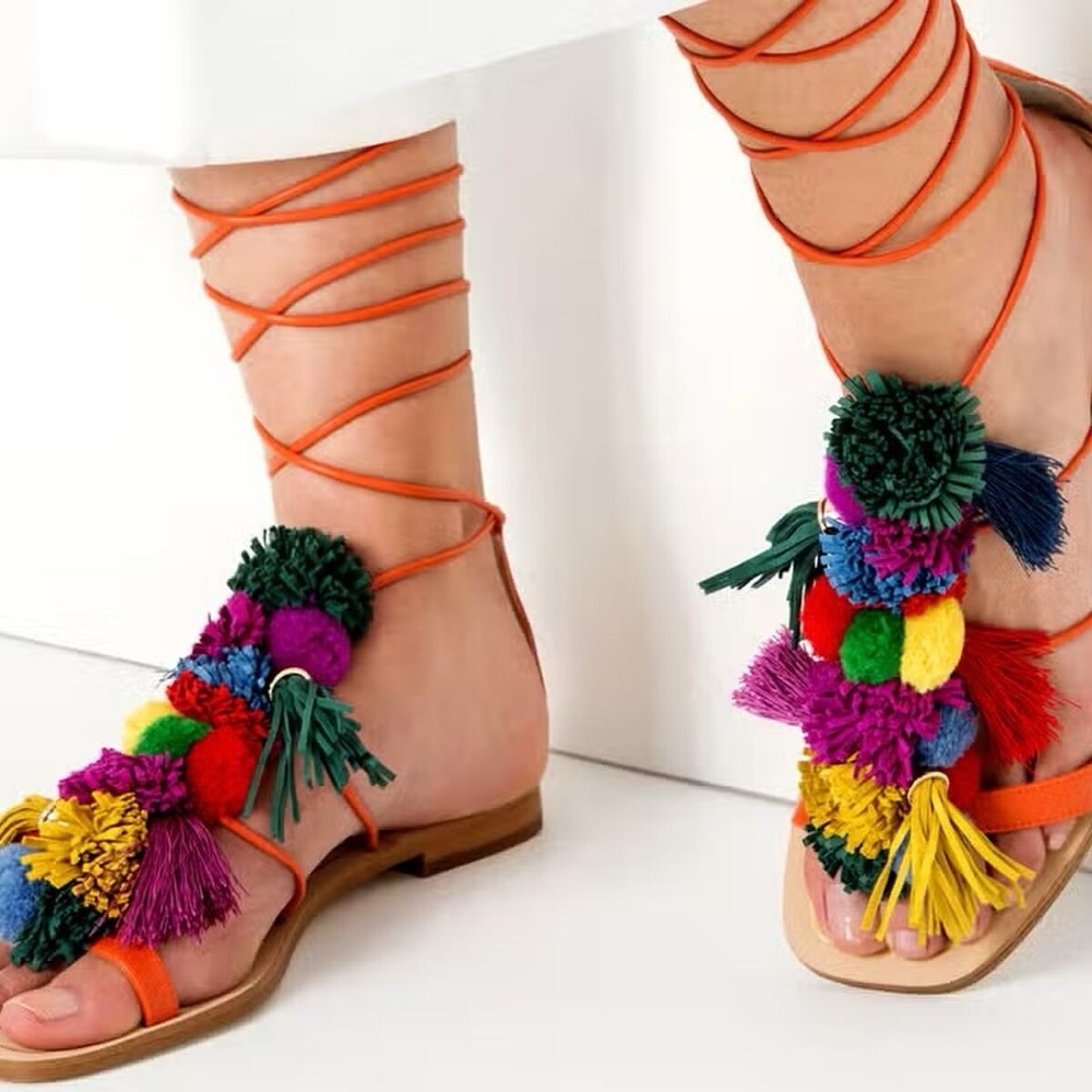 Zara Orange and Red Gladiator Sandals with Pom-Pom Details